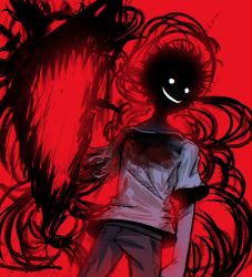 Rule 34 | 1boy, absurdres, black hair, blood, blood on clothes, demon, dragon, ebora, fangs, fangs out, highres, horror (theme), kamijou touma, non-web source, pants, red background, shaded face, shirt, smiley face, tendril, tendril arm, toaru majutsu no index, toaru majutsu no index: new testament, toaru majutsu no index: old testament, white shirt