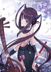 Rule 34 | 1girl, absurdres, backless dress, backless outfit, bare shoulders, black dress, black hair, blue eyes, blunt bangs, blush, cherry blossoms, dress, fate/grand order, fate (series), flute, from behind, hair ornament, highres, instrument, leaf hair ornament, looking at viewer, looking back, petals, pipa (instrument), solo, touhourh, yang guifei (fate), yang guifei (second ascension) (fate)