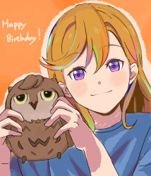 Rule 34 | 1girl, absurdres, bird, blue shirt, book the star, brown hair, closed mouth, happy birthday, highres, holding, long hair, looking at viewer, love live!, love live! superstar!!, orange background, outline, owl, portrait, shibuya kanon, shirt, sketch, smile, solo, straight hair