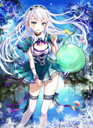 Rule 34 | 1girl, aqua dress, blue sky, blue theme, blurry, blush, braid, breasts, cleavage, crown braid, dandelion, day, depth of field, dress, floating hair, flower, gem, hairband, hand up, keepout, long hair, looking at viewer, medium breasts, original, outdoors, parted lips, see-through, sidelocks, sky, slime (creature), smile, snow, solo, thighhighs, thighs, tree, tsurime, white thighhighs