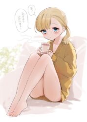 Rule 34 | 1girl, bare legs, barefoot, blonde hair, blue eyes, blush, cardigan, closed mouth, cup, holding, holding cup, kantai collection, long sleeves, looking at viewer, mug, one-hour drawing challenge, ponytail, shin&#039;you (kancolle), side ponytail, sitting, solo, steam, translation request, yamashichi (mtseven), yellow cardigan
