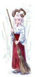 Rule 34 | 1girl, broom, full body, hakama, hakama skirt, highres, holding, holding broom, horns, jaco, japanese clothes, kimono, long sleeves, looking to the side, miko, original, parted lips, red eyes, red hakama, sandals, short hair, skirt, smile, solo, standing, tabi, white hair, white kimono, white legwear, wide sleeves