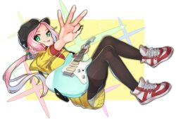 Rule 34 | 1girl, :q, black hat, black pantyhose, blue hair, breasts, electric guitar, green eyes, guitar, hat, highres, holding, holding instrument, holding plectrum, instrument, long hair, looking at viewer, medium breasts, multicolored hair, original, pantyhose, pink hair, plectrum, ponytail, sho bu 1116, shoes, simple background, sneakers, solo, thighband pantyhose, tongue, tongue out