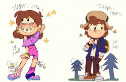 Rule 34 | 1boy, 1girl, aged up, ahoge, arm up, asymmetrical legwear, backpack, bad tag, bag, blue sweater, blush stickers, bracelet, braces, brother and sister, brown hair, brown pants, clearmonbass, concept art, dipper pines, ear piercing, earrings, eyelashes, fur hat, gravity falls, green bag, green hat, grin, hair ornament, hairclip, hand in pocket, hat, heart, heart necklace, highres, jewelry, leg warmers, looking to the side, looking up, mabel pines, medium hair, mismatched legwear, multiple earrings, necklace, pants, piercing, pine tree, pink footwear, pink leg warmers, pink shorts, purple shawl, purple shirt, rainbow hair ornament, shawl, shirt, shoes, short hair, shorts, siblings, sleeveless, sleeveless shirt, smile, sneakers, socks, star (symbol), star earrings, sweater, tree, tree print, twins, ushanka, vertical-striped leg warmers, watch, white shirt, white socks, wristwatch