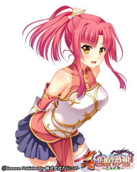 Rule 34 | 1girl, armor, arms behind back, blue skirt, breastplate, brown eyes, copyright name, detached sleeves, koihime musou, kousonsan, leaning forward, long hair, official art, open mouth, pochadon, ponytail, red hair, red shirt, shirt, skirt, smile, solo, thighhighs, white thighhighs