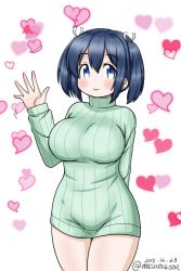 Rule 34 | 1girl, alternate costume, arm behind back, blue eyes, blue hair, breasts, cowboy shot, curvy, dated, dress, green sweater, hair ribbon, heart, kantai collection, large breasts, looking at viewer, masara (chuujou), ribbed sweater, ribbon, short hair, smile, solo, souryuu (kancolle), standing, sweater, sweater dress, twintails, twitter username, waving, white background, white ribbon