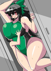 Rule 34 | 1boy, 1girl, akasode (tyaramu), alternate costume, arm support, ass, black hair, blush, bow, box, breasts, closed eyes, clothed female nude male, competition swimsuit, curvy, faceless, faceless male, flat color, full body, green bow, grey background, hair between eyes, hair bow, hair over eyes, hetero, huge breasts, leaning forward, long hair, motion lines, nude, one-piece swimsuit, open mouth, ponytail, reiuji utsuho, short hair, size difference, sound effects, standing, standing on object, sweat, swimsuit, thick eyebrows, thick thighs, thighs, tiptoes, touhou