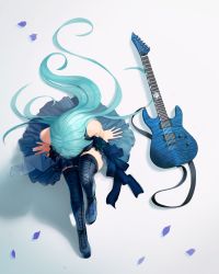Rule 34 | 1girl, aqua hair, arms at sides, bang dream!, bare arms, bare shoulders, black dress, black flower, black footwear, black rose, blue eyes, boots, commentary request, cross-laced footwear, dress, electric guitar, esp guitars, flower, from above, full body, guitar, highres, hikawa sayo, instrument, knee up, korean commentary, lace-up boots, long hair, npt shizuka, petals, revision, rose, sitting, sleeveless, sleeveless dress, solo, striped, thigh boots, thighhighs, vertical stripes, very long hair