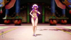 Rule 34 | 1girl, 3d, animated, ass, audible music, bikini, blush, bouncing breasts, breasts, dancing, highres, large breasts, long hair, video, navel, nipples, outdoors, patchouli knowledge, pink bikini, purple eyes, purple hair, solo, sound, swimsuit, touhou