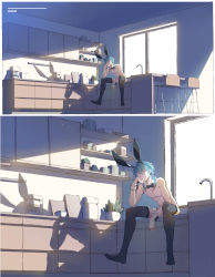 Rule 34 | 1boy, absurdres, animal ears, black bow, black neckwear, black thighhighs, blue hair, bow, cabinet, chair, cigarette, coffee pot, cuffs, cup, detached collar, fake animal ears, hair between eyes, highres, holding, holding cigarette, indoors, kitchen, leotard, light particles, loladestiny, long hair, male focus, male playboy bunny, navel, original, plant, playboy bunny, potted plant, rabbit ears, shadow, sitting, smoke, smoking, solo, thighhighs, window