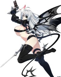 Rule 34 | ahoge, ass, bad id, bad twitter id, black thighhighs, blue eyes, boots, breasts, closers, demon girl, demon tail, dual wielding, eyepatch, game cg, grin, gun, handgun, high heel boots, high heels, holding, horns, large breasts, leg up, long hair, looking at viewer, midriff, nail polish, official art, short shorts, shorts, sideboob, silver hair, single horn, smile, solo, sword, tail, thigh strap, thighhighs, transparent background, trigger discipline, underboob, very long hair, weapon, wings, yuri seo