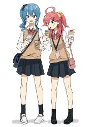Rule 34 | 2girls, absurdres, ahoge, alternate costume, bag, black footwear, black skirt, black socks, blue eyes, blue hair, blush, boots, bow, bowtie, brown vest, cellphone, collared shirt, crepe, cup, disposable cup, drinking straw, drinking straw in mouth, food, food on face, full body, green eyes, hair ornament, hairclip, highres, holding, holding cup, holding food, holding phone, hololive, hoshimachi suisei, kaigaraori, knees, lanyard, long sleeves, miniskirt, multiple girls, phone, pink hair, red bow, sakura miko, satchel, school uniform, shadow, shirt, shoes, simple background, skirt, smartphone, socks, vest, virtual youtuber, white background, white footwear, white shirt, x hair ornament