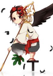 Rule 34 | 1boy, black feathers, black footwear, black pants, black wings, brown hair, closed mouth, commentary request, earrings, feathered wings, feathers, full body, geta, hat, highres, holding, jewelry, kamado tanjirou, kimetsu no yaiba, long sleeves, looking at viewer, looking to the side, male focus, mask, mask on head, mini hat, pants, red eyes, red hat, reflection, ribbon-trimmed sleeves, ribbon trim, ripples, scar, scar on face, scar on forehead, shitada, simple background, solo, squatting, tengu-geta, tengu mask, tokin hat, white background, wide sleeves, wings