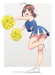 Rule 34 | 1girl, alternate costume, ass, back, braid, braided hair rings, breasts, brown hair, cheering, cheerleader, chougei (kancolle), crop top, grey background, grey eyes, hair ornament, hair rings, highres, holding, holding pom poms, kantai collection, large breasts, long hair, looking at viewer, looking back, midriff, miniskirt, navel, open mouth, pleated skirt, pom pom (cheerleading), pom poms, porupurucha, shirt, shoes, skirt, sleeveless, sleeveless shirt, sneakers, solo, standing, standing on one leg, twin braids, whale hair ornament, white background