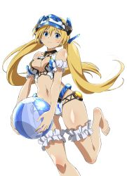 Rule 34 | 1girl, arm strap, ball, bare legs, bare shoulders, barefoot, beachball, bikini, blonde hair, blue eyes, breasts, cleavage cutout, clothing cutout, commentary request, frame arms girl, frilled straps, headgear, highres, hresvelgr ater, kumichou (ef65-1118-ef81-95), large breasts, long hair, looking at viewer, low twintails, navel, smile, solo, swimsuit, thigh strap, twintails, white background, white bikini