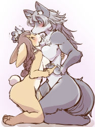 Rule 34 | 2girls, animal ears, asymmetrical docking, blush, body fur, breast press, breasts, brown hair, face-to-face, female focus, furry, furry female, grey hair, height difference, interlocked fingers, kneeling, large breasts, multiple girls, nude, original, profile, setouchi kurage, simple background, tail, white background, wolf ears, wolf tail, yuri