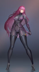 Rule 34 | 1girl, absurdres, armor, bodystocking, bodysuit, breasts, covered navel, dark night (darkotl), fate/grand order, fate (series), highres, large breasts, long hair, pauldrons, purple hair, red eyes, scathach (fate), scathach (fate), shoulder armor, skin tight, smile, solo, thighhighs, very long hair