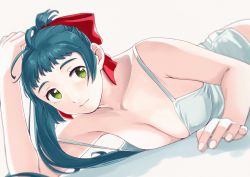 Rule 34 | 1girl, absurdres, ahoge, bad id, bad twitter id, bare arms, bare shoulders, blue hair, blush, breasts, camisole, commentary, green eyes, hair ribbon, highres, irako (kancolle), kantai collection, large breasts, long hair, looking at viewer, lying, ojipon, on stomach, parted lips, ponytail, ribbon, simple background, solo, spaghetti strap, symbol-only commentary, white camisole