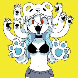Rule 34 | 1girl, animal hands, bear hat, black choker, blue jacket, choker, fangs, forked tongue, gloves, grey shorts, hair between eyes, hands up, highres, jacket, living hair, navel, open clothes, open jacket, open mouth, original, panapana, paw gloves, peone (panapana), red eyes, short shorts, short sleeves, shorts, simple background, smile, snake hair, solo, tongue, tongue out, yellow background