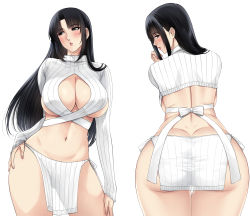 Rule 34 | 1girl, ass, backboob, black eyes, black hair, blush, breasts, female focus, half-closed eyes, hand on own hip, hand to own mouth, head tilt, highres, huge ass, large breasts, legs together, long sleeves, looking back, mature female, mole, mole under mouth, navel, nush (xter), original, parted bangs, pelvic curtain, simple background, sweater, thighs, underboob, white sweater, wide hips, xter