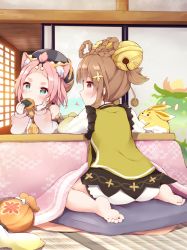 Rule 34 | 2girls, animal ear fluff, animal ears, aqua eyes, architecture, barefoot, bell, blush, braid, braided hair rings, brown hair, cat ears, child, commentary request, diona (genshin impact), dress, east asian architecture, eating, eyelashes, feet, food, forehead, frilled shorts, frills, full body, genshin impact, green dress, hair bell, hair ornament, hair rings, hands up, hat, head rest, head tilt, highres, holding, indoors, kotatsu, leaning forward, looking to the side, medium hair, multiple girls, parted bangs, pink hair, pink shirt, rabbit, red eyes, senbei, shirt, short dress, short eyebrows, short shorts, shorts, sidelocks, sitting, sliding doors, soles, table, tatami, thick eyebrows, toes, tutsucha illust, wariza, white shorts, yaoyao (genshin impact)