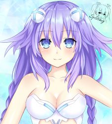 Rule 34 | 1girl, alternate costume, artist name, bare shoulders, blue background, blue eyes, blush, braid, breasts, cleavage, closed mouth, collarbone, commentary, english commentary, hair between eyes, hair ornament, highres, long hair, looking at viewer, medium breasts, neptune (series), power symbol, power symbol-shaped pupils, purple hair, purple heart (neptunia), smile, solo, spleeny, symbol-shaped pupils, twin braids, upper body, very long hair