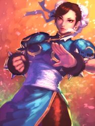 Rule 34 | 1girl, artist name, bellhenge, blue dress, bracelet, breasts, brown eyes, brown pantyhose, bun cover, capcom, china dress, chinese clothes, chun-li, clenched hand, closed mouth, cowboy shot, double bun, dress, earrings, eyeshadow, fighting stance, gradient background, hair bun, highres, jewelry, lips, looking at viewer, makeup, md5 mismatch, orange background, pantyhose, petals, puffy sleeves, resized, resolution mismatch, sash, serious, short hair, side slit, simple background, solo, source smaller, spiked bracelet, spikes, standing, street fighter, street fighter iv (series), tsurime, underbust, upscaled