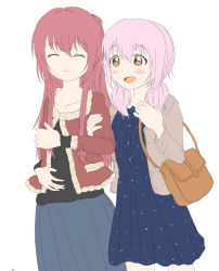 Rule 34 | 2girls, :d, akaza akane, bag, blue dress, blush, brown eyes, buttons, closed eyes, collarbone, dress, hair between eyes, hand on own chest, handbag, highres, holding another&#039;s arm, long hair, monochrome, multiple girls, noe, open clothes, open mouth, open shirt, pink hair, pleated dress, pleated skirt, polka dot, polka dot dress, red hair, self hug, shirt, simple background, skirt, smile, twintails, very long hair, white background, yoshikawa tomoko, yuri, yuru yuri