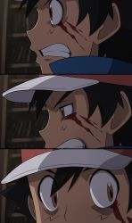 Rule 34 | 1boy, absurdres, ash ketchum, baseball cap, black hair, blood, bloody tears, bookshelf, brown eyes, clenched teeth, close-up, comic, commentary, constricted pupils, creatures (company), derivative work, english commentary, fake screenshot, fullmetal alchemist, game freak, hat, highres, i hate kids with good instincts like you (meme), indoors, looking back, mgx0, nintendo, parody, pokemon, pokemon (anime), pokemon xy (anime), screenshot redraw, short hair, teeth