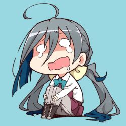 Rule 34 | 10s, 1girl, ahoge, akitetsu, bad id, bad twitter id, chibi, grey hair, grey pantyhose, kantai collection, kiyoshimo (kancolle), knees up, legs together, long hair, looking at viewer, o o, open mouth, pantyhose, sitting, solo, tears, twintails, very long hair