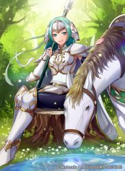 Rule 34 | 1girl, animal, arm guards, armor, armored boots, boots, breastplate, cape, character request, closed mouth, commentary request, company connection, copyright name, day, fingerless gloves, fingernails, fire emblem, fire emblem: path of radiance, fire emblem cipher, flower, forest, gloves, green eyes, green hair, headpiece, holding, horse, light particles, lips, long hair, matsurika youko, nature, nintendo, official art, outdoors, pantyhose, polearm, reflection, reflective water, shoulder armor, sigrun, sitting, smile, solo, spear, tree, water, weapon, white armor