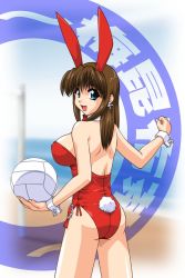 Rule 34 | 1girl, animal ears, ass, ball, bare legs, beach, blue eyes, breasts, brown hair, covered erect nipples, dead or alive, fake animal ears, hitomi (doa), large breasts, leotard, long hair, looking back, non-web source, playboy bunny, rabbit ears, solo, tail, tecmo, volleyball, volleyball (object)