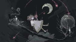 Rule 34 | 1girl, absurdres, black background, blunt bangs, branch, brown hair, character request, closed mouth, copyright request, crescent moon, dot mouth, dress, floating, grey eyes, hair ornament, highres, lankilanki, loafers, long hair, long sleeves, moon, planet, saturn (planet), shoes, shooting star, socks, solo, space, star (sky), star (symbol), star hair ornament, white dress, white socks