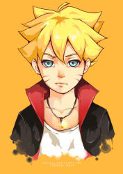 Rule 34 | 1boy, absurdres, blonde hair, blue eyes, character name, facial mark, highres, jewelry, looking at viewer, mai-kuu, male focus, naruto, naruto (series), necklace, solo, uzumaki boruto, watermark, web address, whisker markings