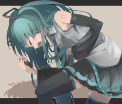 Rule 34 | 1girl, aqua hair, bad id, bad pixiv id, detached sleeves, closed eyes, female focus, hatsune miku, long hair, microphone, necktie, ogipote, open mouth, skirt, solo, thighhighs, very long hair, vocaloid