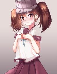 Rule 34 | 1girl, bad id, bad pixiv id, blush, brown eyes, brown hair, cosplay, hat, kantai collection, long hair, meaomao, ryuujou (kancolle), school uniform, serafuku, shikinami (kancolle) (cosplay), shikinami (kancolle), skirt, solo, twintails, visor cap