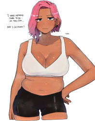 Rule 34 | 1girl, black shorts, blue eyes, breasts, cleavage, collarbone, cropped legs, dark-skinned female, dark skin, english text, gradient hair, hand on own hip, large breasts, looking at viewer, muffin top, multicolored hair, ohasi, original, pink (ohasi), pink hair, plump, purple hair, shiny skin, short shorts, shorts, skindentation, solo, sports bra, sweat, white background, white sports bra