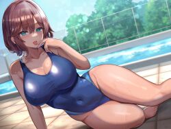 1girl aqua_eyes backlighting barefoot blue_one-piece_swimsuit blush breasts brown_hair bush chain-link_fence cleavage collarbone competition_school_swimsuit covered_navel day fence hair_between_eyes highres kihou_no_gotoku_dmc large_breasts looking_at_viewer lying non-web_source on_side one-piece_swimsuit open_mouth original outdoors pool school_swimsuit short_hair sidelocks sitting solo sweat swimsuit tan toes tongue tongue_out