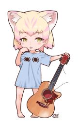 Rule 34 | 10s, 1girl, 2017, animal ears, barefoot, blonde hair, blue shirt, blush, cat ears, extra ears, guitar, half-closed eyes, hand on own chin, highres, holding, holding instrument, instrument, kemono friends, looking at viewer, mewhan, multicolored hair, no tail, official art, purple hair, sand cat (kemono friends), shirt, short hair, short sleeves, signature, simple background, solo, standing, tongue, tongue out, white background, yoshizaki mine