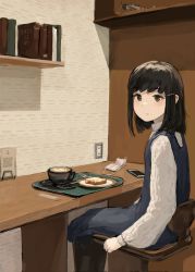 Rule 34 | 1girl, alternate costume, black hair, blue dress, book, bread slice, cellphone, chair, closed mouth, coffee, commentary, cup, dress, food, fork, fubuki (kancolle), green eyes, hair down, hair ornament, hairclip, highres, kantai collection, long sleeves, looking at viewer, mask, medium hair, mouth mask, phone, plate, shelf, sitting, smartphone, solo, sweater, titanium hrk, toast, tray, unworn mask, white mask, white sweater