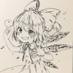 Rule 34 | 1girl, bad id, bad twitter id, bow, cirno, dress, food, fruit, gotou (nekocat), greyscale, grin, hair bow, ice, ice wings, index finger raised, looking at viewer, mandarin orange, monochrome, ribbon, simple background, smile, solo, teeth, touhou, traditional media, upper body, wings