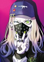 Rule 34 | 1girl, badge, baseball cap, blonde hair, button badge, chain, choker, clothes writing, collared shirt, cross, earclip, earrings, eyelashes, furrowed brow, gradient background, gradient hair, green eyes, green nails, gun print, hand tattoo, hat, highres, jewelry, long hair, long sleeves, looking at viewer, mask, mouth mask, multicolored hair, multiple rings, nail polish, one eye closed, original, pale skin, pink background, print headwear, print mask, puppeteer7777, purple background, purple hair, purple hat, ring, shirt, solo, spikes, sweater, tattoo, two-tone hair, upper body, w