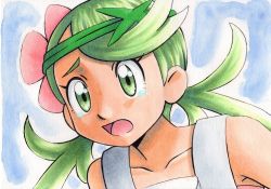 Rule 34 | 1girl, bare arms, commentary request, creatures (company), dark-skinned female, dark skin, eyelashes, flower, game freak, green eyes, green hair, grey overalls, hair flower, hair ornament, highres, long hair, mallow (pokemon), nintendo, oka mochi, open mouth, overalls, pink flower, pokemon, pokemon (anime), pokemon sm (anime), solo, swept bangs, tearing up, tongue, traditional media, twintails, upper body
