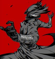 Rule 34 | 1boy, arizuka (catacombe), arm guards, bloodborne, cloak, coat, commentary request, gloves, hat, highres, hunter (bloodborne), looking at viewer, male focus, mask, mouth mask, red background, red eyes, short hair, simple background, solo, standing, tricorne, twisted torso, white hair