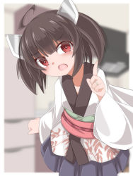 Rule 34 | 1girl, ahoge, ao (aoblueao), black hair, blue skirt, blurry, blurry background, collarbone, depth of field, fang, hand up, head tilt, headgear, highres, index finger raised, japanese clothes, jewelry, kimono, looking at viewer, open mouth, pleated skirt, red eyes, ring, skirt, solo, touhoku kiritan, twintails, v-shaped eyebrows, voiceroid, white kimono