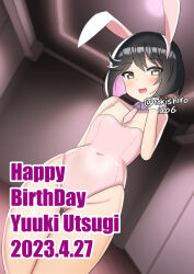 Rule 34 | 1girl, alternate costume, animal ears, arm behind back, bare legs, birthday, black eyes, black hair, blush, bob cut, breasts, character name, colored inner hair, commentary, covered navel, dated, detached collar, dutch angle, english text, fake animal ears, girls und panzer, half-closed eyes, hand in own hair, happy birthday, head tilt, indoors, leotard, looking at viewer, multicolored hair, necktie, open mouth, pink leotard, pink necktie, playboy bunny, purple hair, rabbit ears, short hair, small breasts, smile, solo, standing, strapless, strapless leotard, tokishiro (himawarihatake), twitter username, utsugi yuuki, wing collar, wrist cuffs