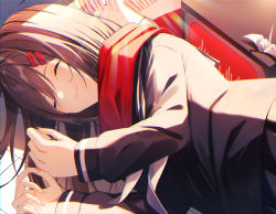 Rule 34 | 1girl, absurdres, black hair, black shirt, black skirt, commentary request, closed eyes, facing viewer, fringe trim, hair ornament, hairclip, hands up, highres, kagerou project, long hair, long sleeves, lying, neckerchief, on side, parted lips, pleated skirt, red scarf, scarf, shirt, skirt, solo, suisen-21, tateyama ayano, tears, teeth, upper body, upper teeth only, white neckerchief