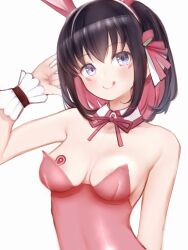 Rule 34 | 1girl, :q, absurdres, animal ears, azki (hololive), bare arms, bare shoulders, black hair, blue eyes, breast tattoo, breasts, colored inner hair, detached collar, facial mark, fake animal ears, hair between eyes, hairband, hand up, highres, hololive, leotard, light blush, looking at viewer, medium breasts, multicolored hair, nanashi (nlo), neck ribbon, pink hair, playboy bunny, rabbit ears, red hairband, red leotard, red ribbon, ribbon, short hair, simple background, smile, solo, tattoo, tongue, tongue out, two-tone hair, upper body, virtual youtuber, white background, wrist cuffs