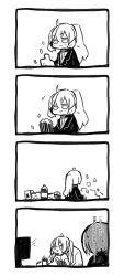 Rule 34 | 1boy, 1girl, 4koma, :3, ahoge, bottle, closed mouth, comic, commentary request, food, greyscale, harvest fes, highres, jacket, librarian (project moon), library of ruina, long hair, long sleeves, monochrome, no nose, open mouth, ponytail, popcorn, project moon, shirt, short hair, short sleeves, sketch, smile, t-shirt, translation request