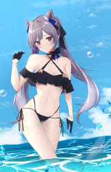 Rule 34 | 1girl, bare shoulders, bikini, black bikini, blue sky, breasts, bubble, choker, cleavage, cloud, collarbone, commentary, day, english commentary, feint721, frilled bikini, frills, genshin impact, gloves, hair ribbon, half gloves, highleg, highleg bikini, highres, keqing (genshin impact), light smile, long hair, looking at viewer, medium breasts, navel, ocean, off-shoulder bikini, off shoulder, outdoors, purple hair, ribbon, side-tie bikini bottom, sky, solo, swimsuit, thigh gap, thighs, twintails, underboob, wading, water, water drop, white bikini, white gloves